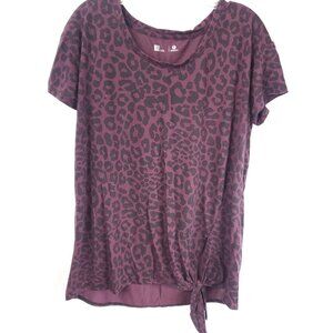 Xersion Womens Purple Black Leopard Animal Print Shrt Slv Front Tie Knot Sz L